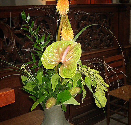 Snapshot of flowers in an old church. In the background some photos of my photo club.