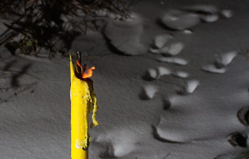Garden torch in the snow at night. Brrrr, it was cold.